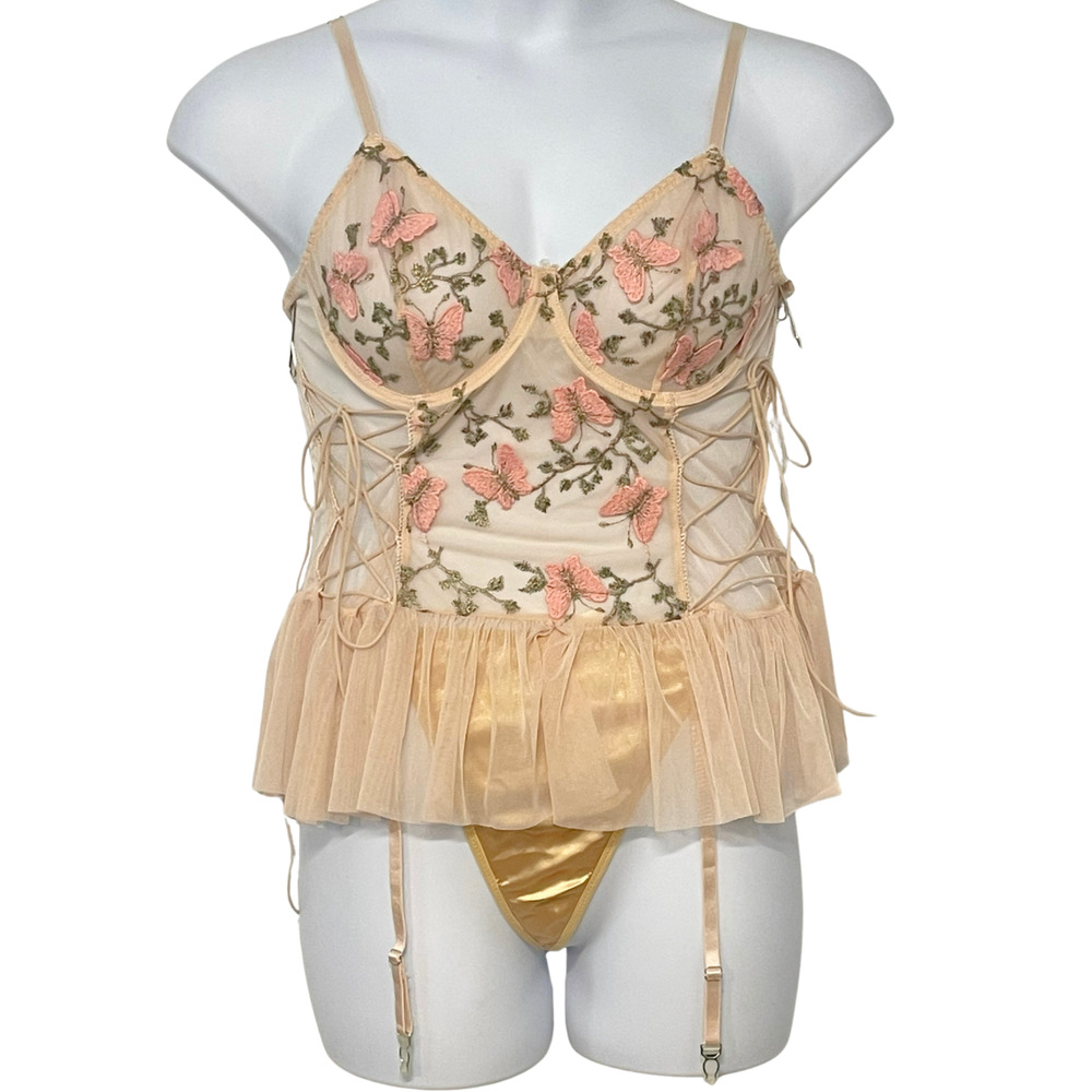 Sz M-L Lingerie Bustier Coquette Pink Lace-Up Sides Ruffle Hem Fairy Cottage